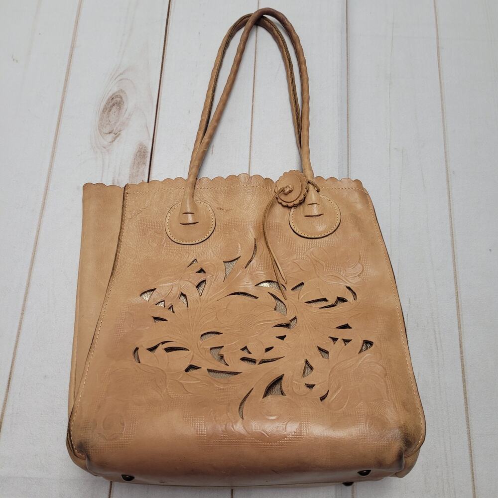 Patricia Nash Tan Floral Cutout Leather Tote with Scalloped Edge